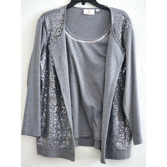 TOP/CARDIGAN-QUACKER FACTORY-Gray-One Piece Tank & Cardigan-Sequins-Size LRG - Picture 3 of 13